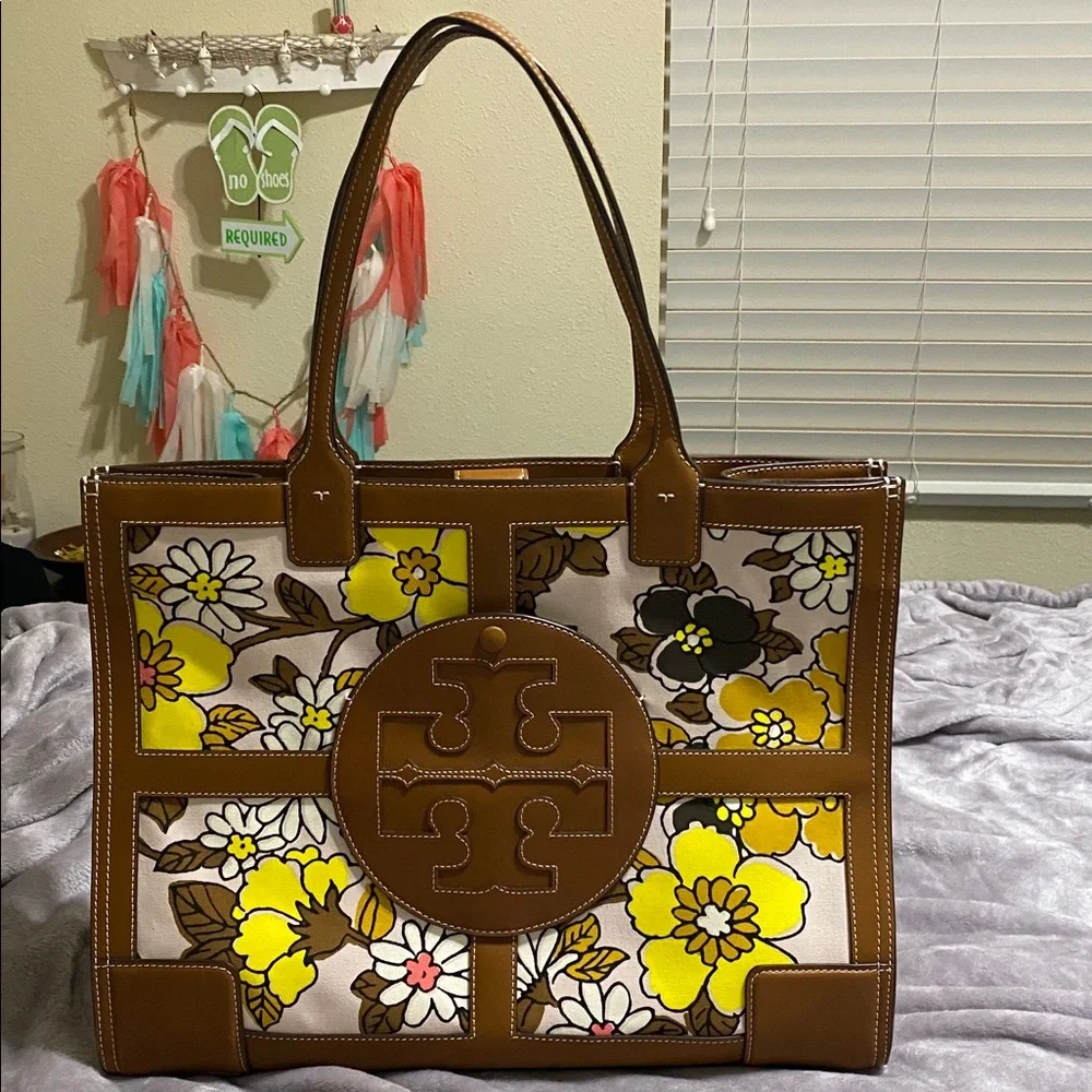Tory Burch Brown Leather Trim Floral Tote with Yellow, White & Black Accents